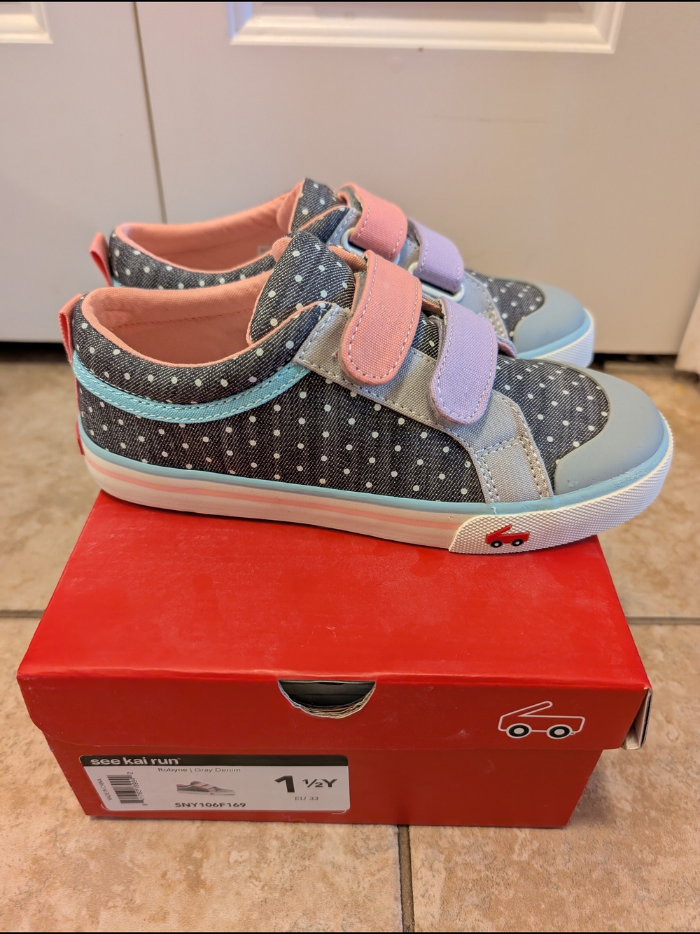 New See Kai Run Gray Polka Dot Sneakers with Pink and Lavender Straps